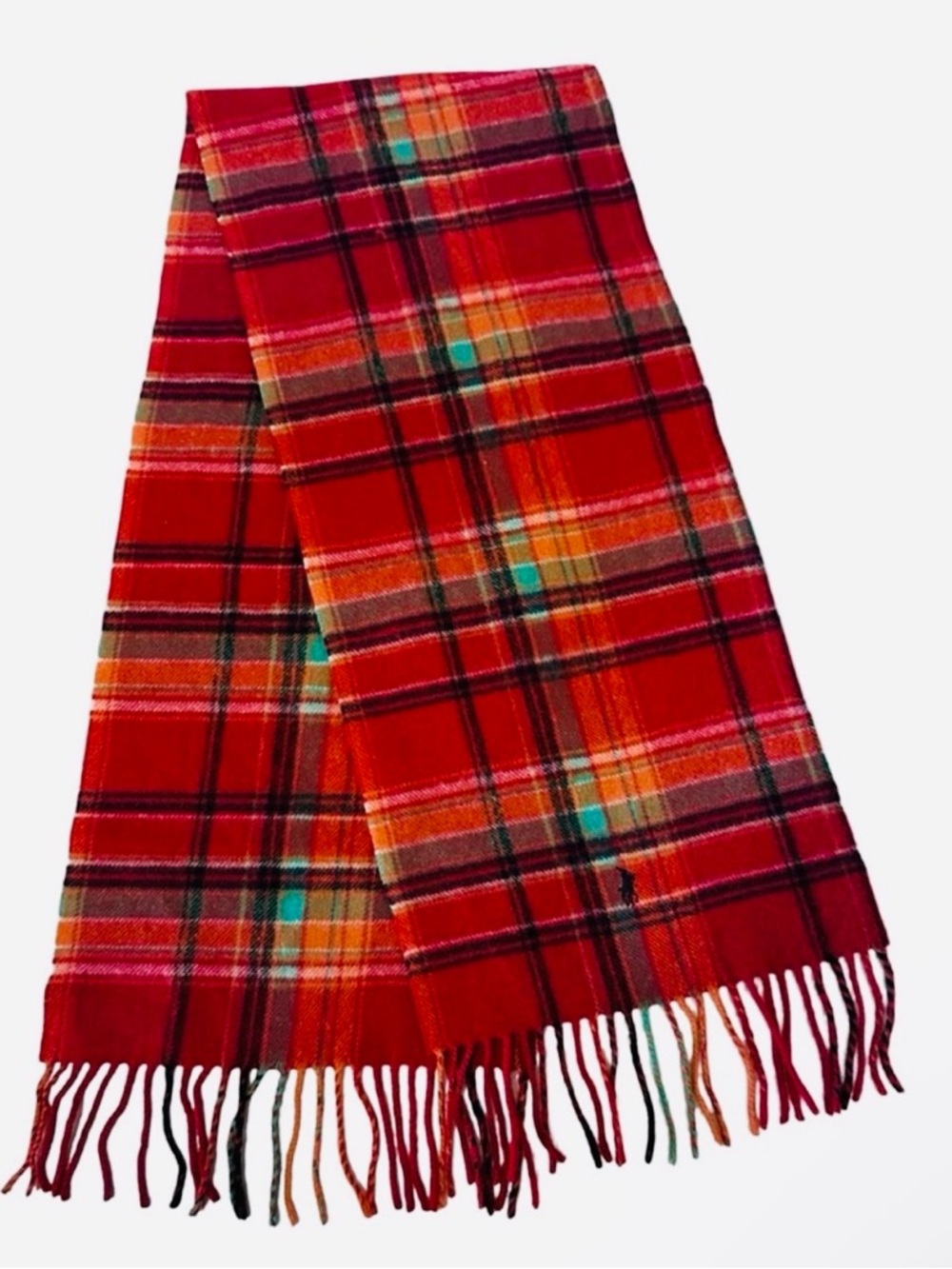 Polo Cashmere Wool Blend Red Plaid Fringe Scarf Mens/Women Unisex - Picture 1 of 4